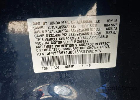 2016 Honda Pilot Ex-L из США, поврежденный, VIN 5FNYF5H74GB013930